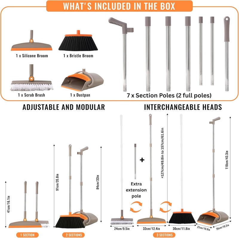 Duitwell Multifunction 3-in-1 Broom and Dustpan, Silicone broom Squeegee and Scrub Brush Set with Long Adjustable Handle for Indoor & Outdoor Sweeping and Scrubbing, Ideal for Pet Hair, Liquids Spills and Dirt - Image 2